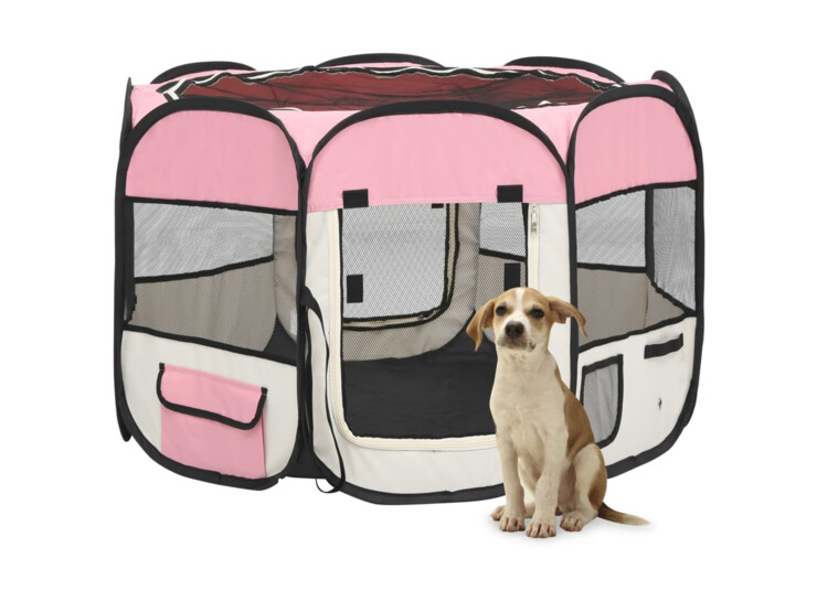 Skládací ohrádka pro psy s taškou růžová 90 x 90 x 58 cm