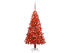 Umělý vánoční stromek s LED a sadou koulí červený 150 cm PVC