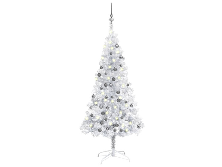 Umělý vánoční stromek s LED a sadou koulí stříbrný 120 cm PET